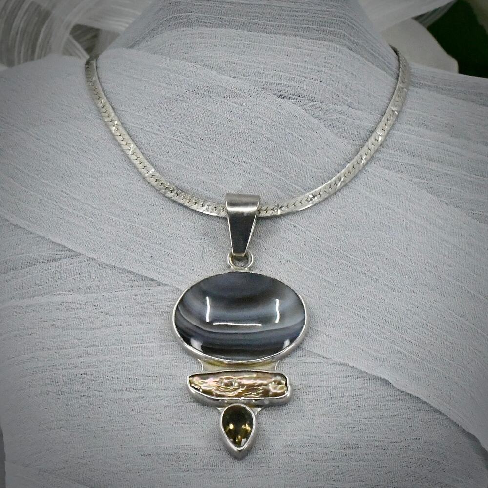 Charles Albert Sterling Banded Agate Pearl Quartz Pendant 30" Star Chain Set